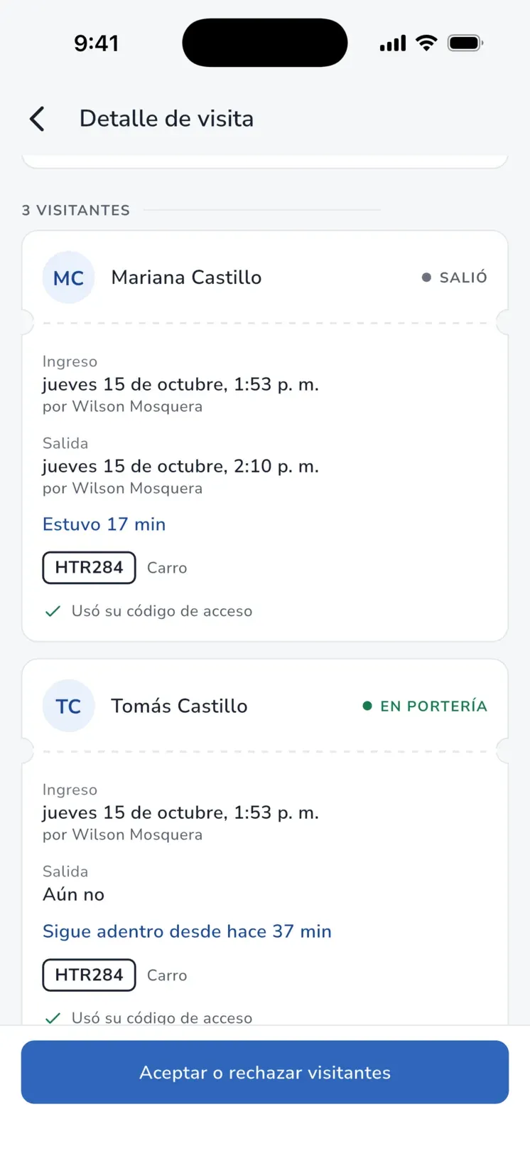 iHabitar Staff, historial de una vivienda: visitante con hora de ingreso y de salida, quién la registró, tiempo dentro del conjunto y placa del carro