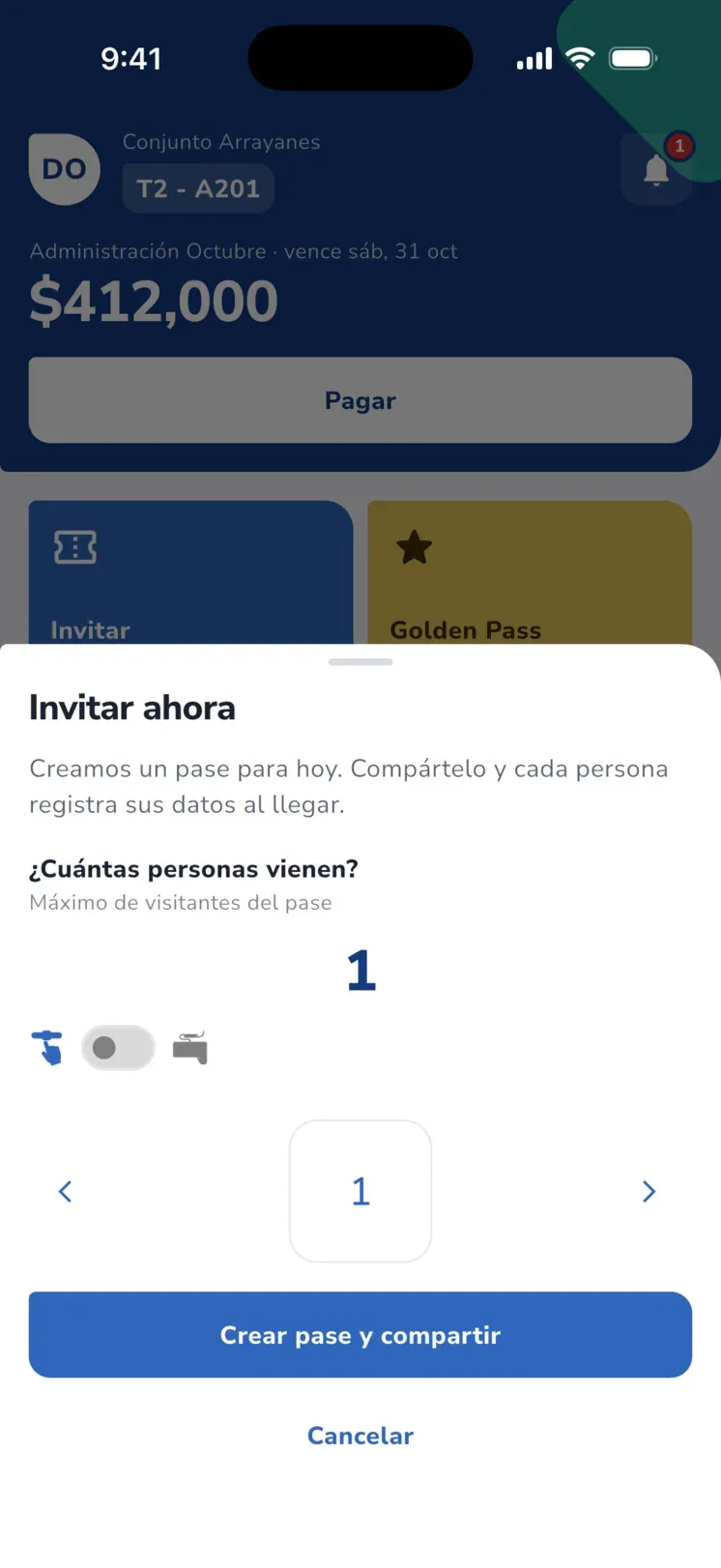 App iHabitar: hoja Invitar ahora con el selector de cuántas personas vienen y el botón Crear pase y compartir