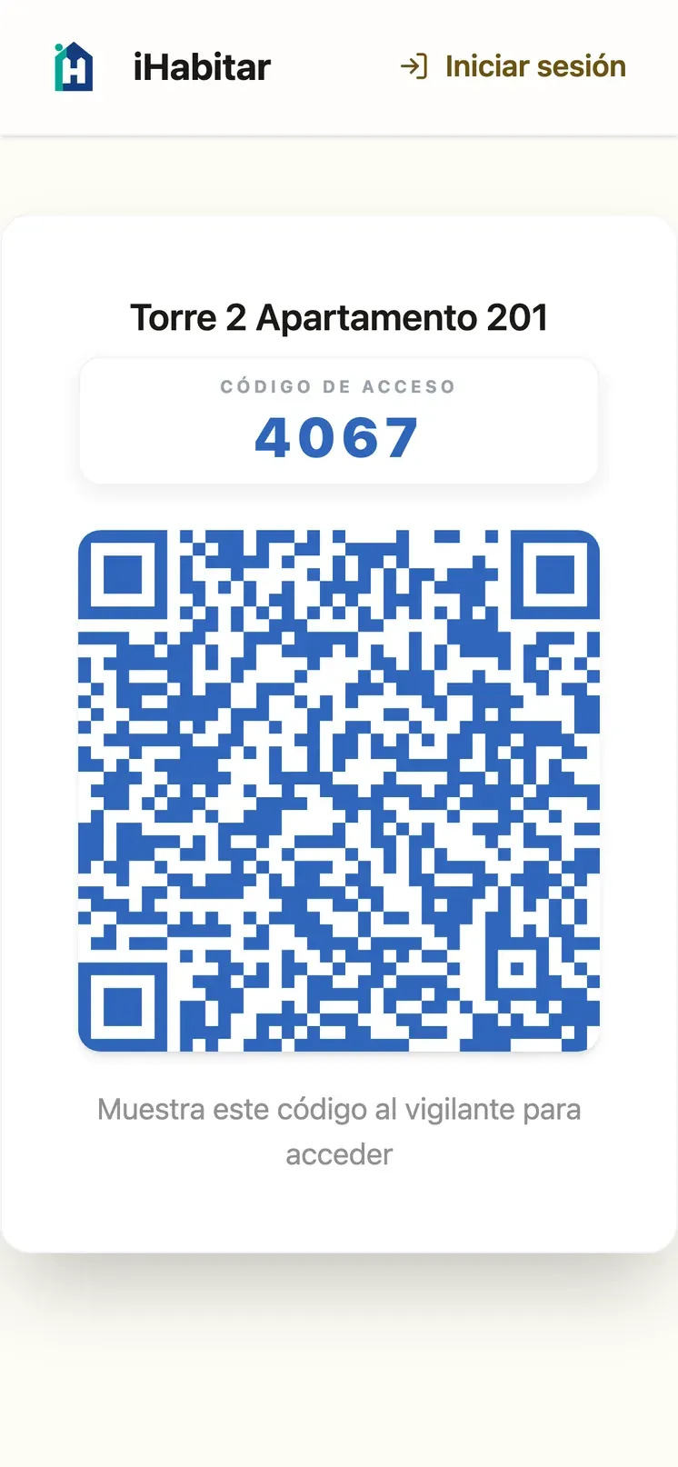 Portal de invitados en el navegador: código QR y código de acceso de 4 dígitos para mostrar al vigilante