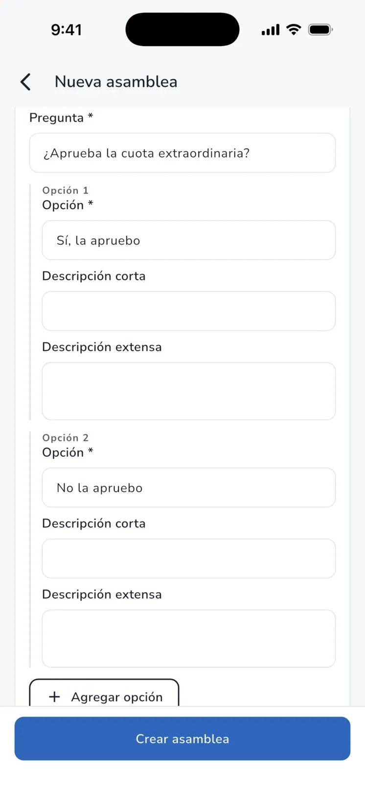 iHabitar Staff: formulario Nueva asamblea con la pregunta ¿Aprueba la cuota extraordinaria? y sus opciones
