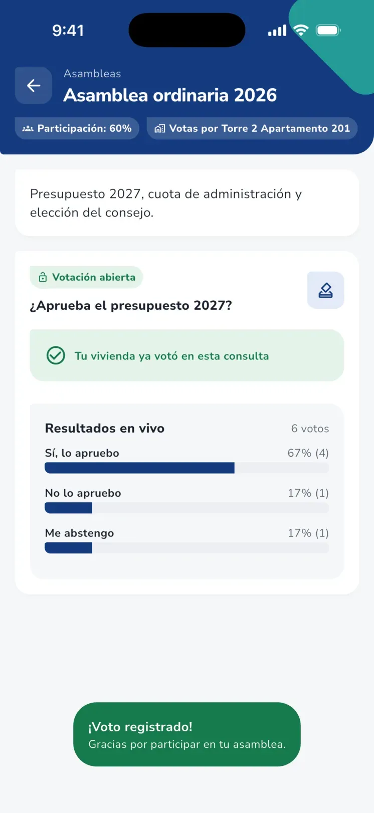 App iHabitar: voto registrado y resultados en vivo de la votación, con el porcentaje de cada opción