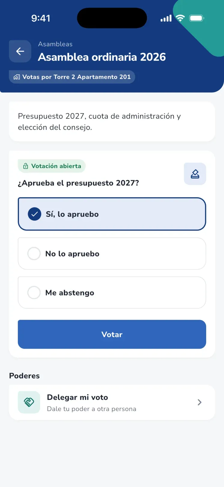 App iHabitar: Asamblea ordinaria 2026 con la votación abierta ¿Aprueba el presupuesto 2027?, la opción elegida, el botón Votar y la sección Poderes