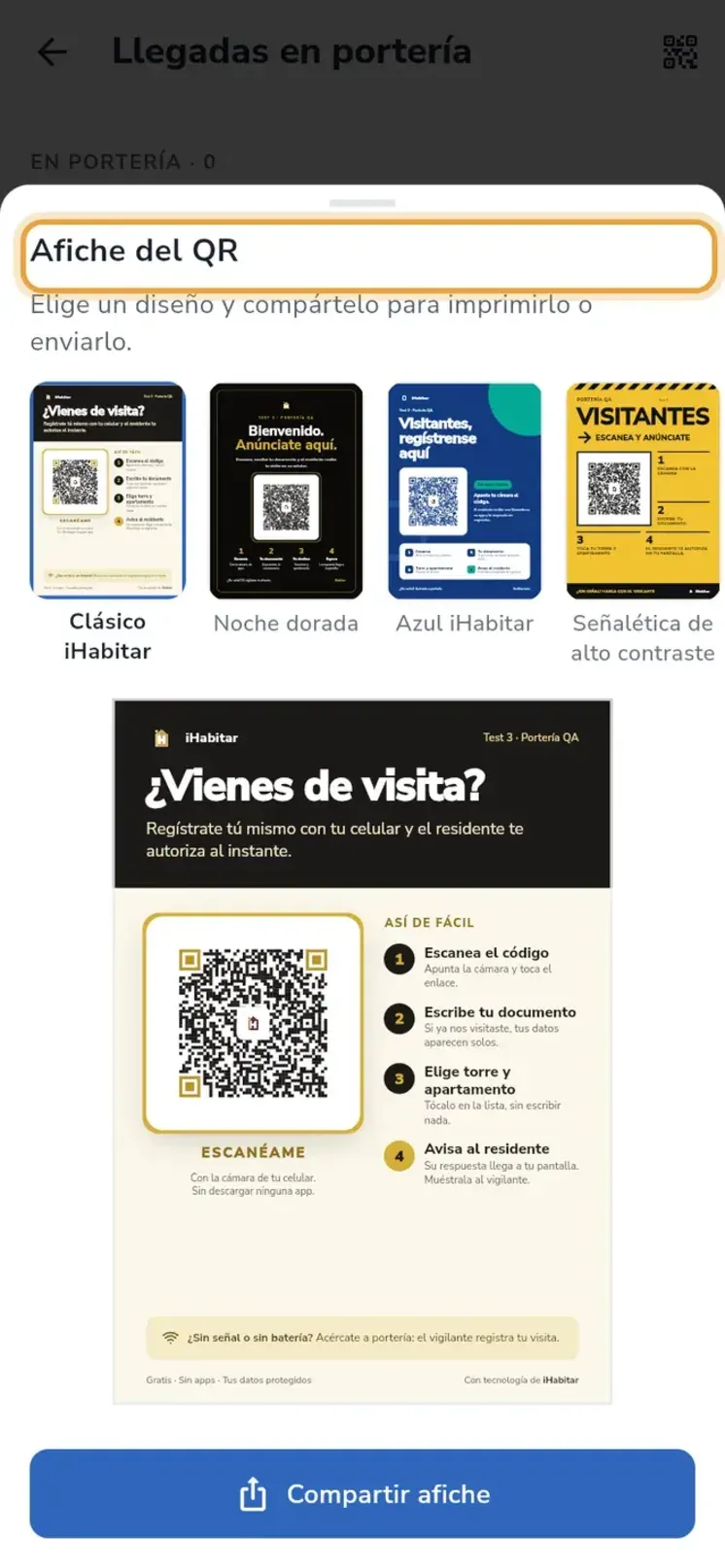 iHabitar Staff: hoja Afiche del QR con los diseños disponibles y la vista previa del afiche ¿Vienes de visita? con el QR de la portería