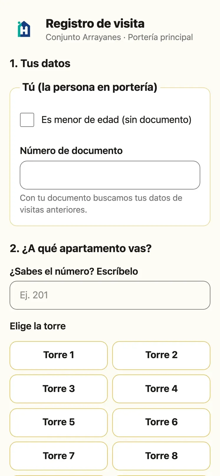 Formulario web Registro de visita del Conjunto Arrayanes, portería principal: documento del visitante y botones para elegir la torre