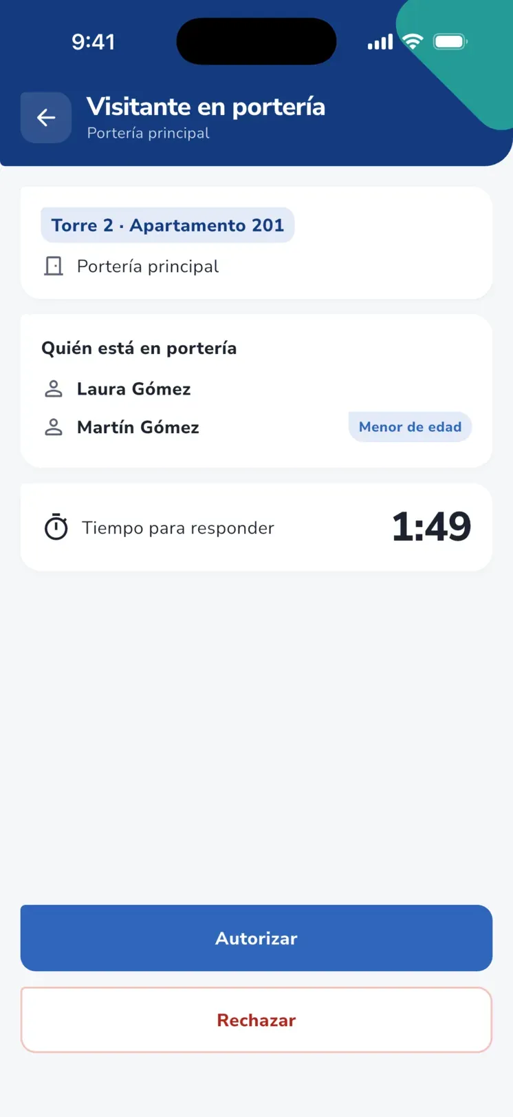 App iHabitar del residente: pantalla Visitante en portería con quién está esperando, un menor de edad, el tiempo para responder y los botones Autorizar y Rechazar