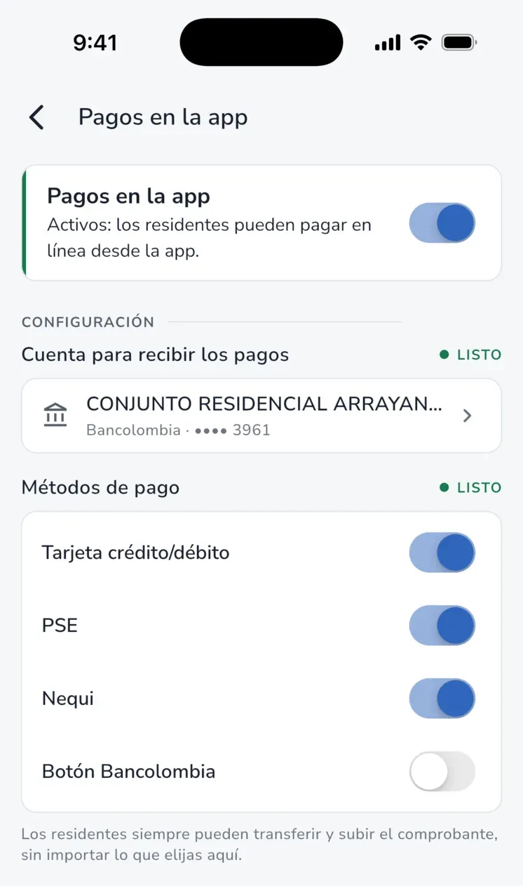 iHabitar Staff: pantalla Pagos en la app activos, con la cuenta del conjunto para recibir los pagos y los interruptores de tarjeta, PSE, Nequi y Botón Bancolombia