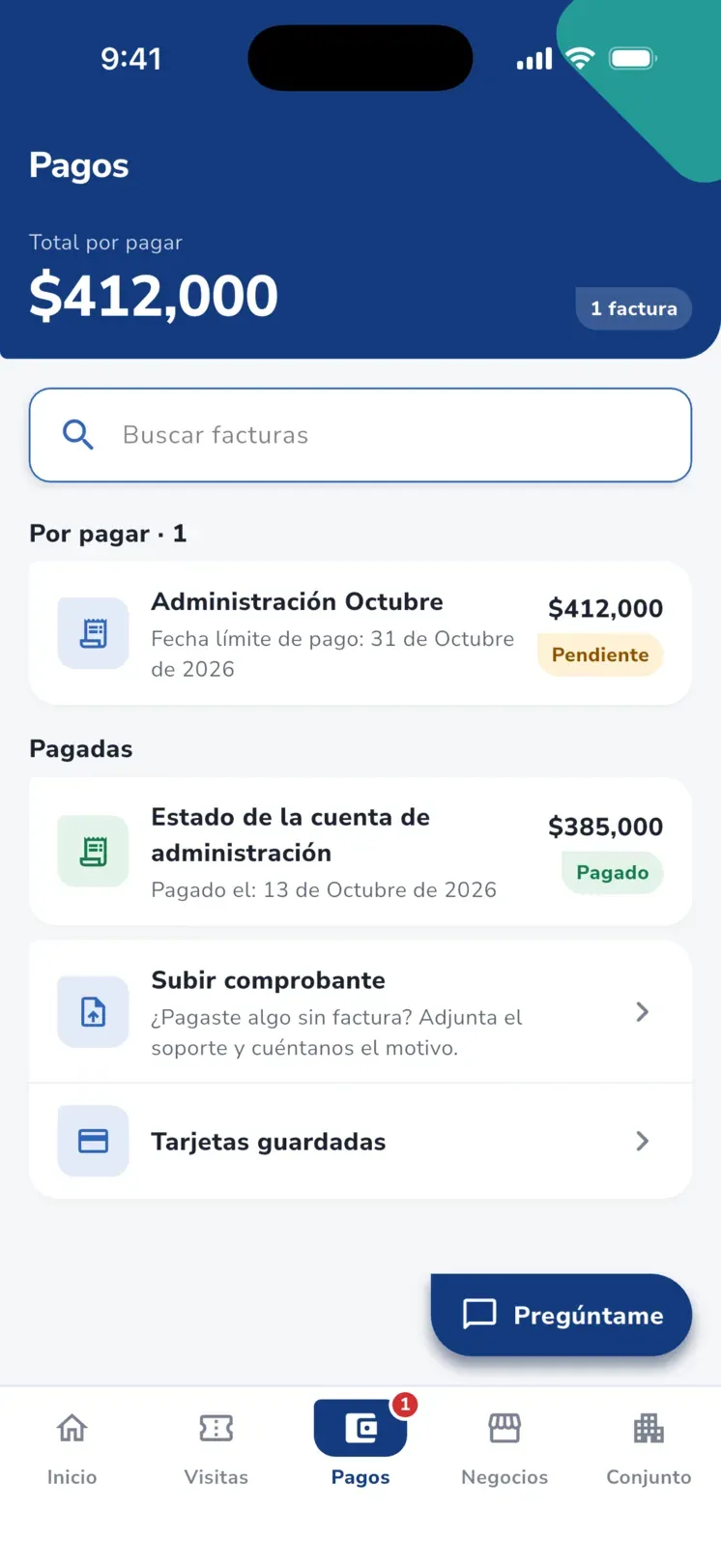 App iHabitar, pestaña Pagos: total por pagar, la factura de administración de octubre pendiente y el estado de cuenta ya pagado