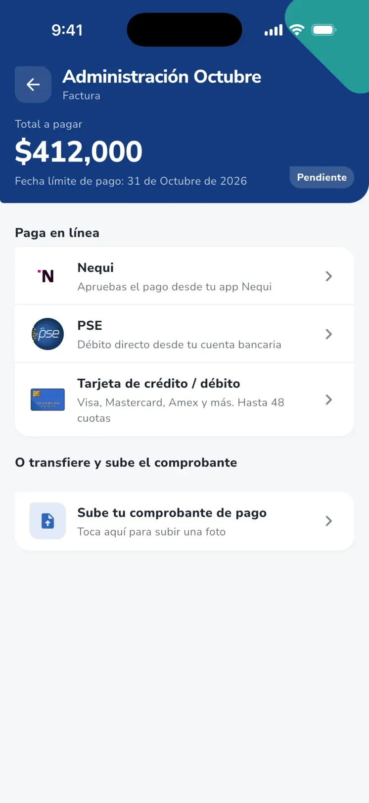 App iHabitar: factura de administración de octubre con los métodos Nequi, PSE y tarjeta de crédito o débito, y la opción de subir el comprobante de una transferencia