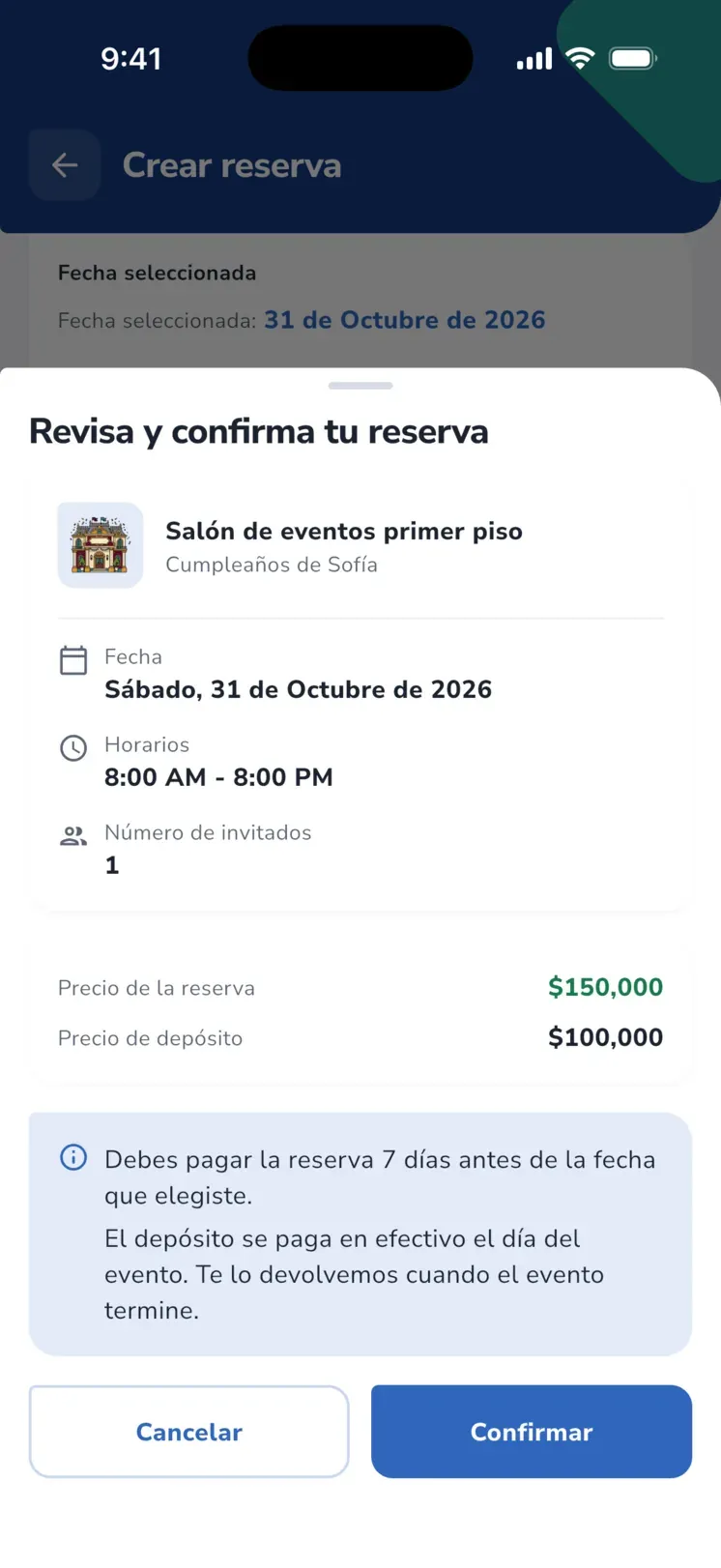 Hoja Revisa y confirma tu reserva: salón de eventos, fecha, horario, invitados, precio de la reserva, depósito y el aviso de pagar 7 días antes