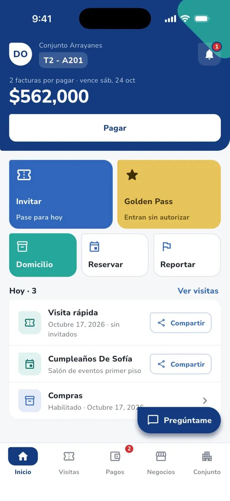 Inicio de la app iHabitar con la reserva Cumpleaños de Sofía en la lista de hoy y su factura sumada a las facturas por pagar