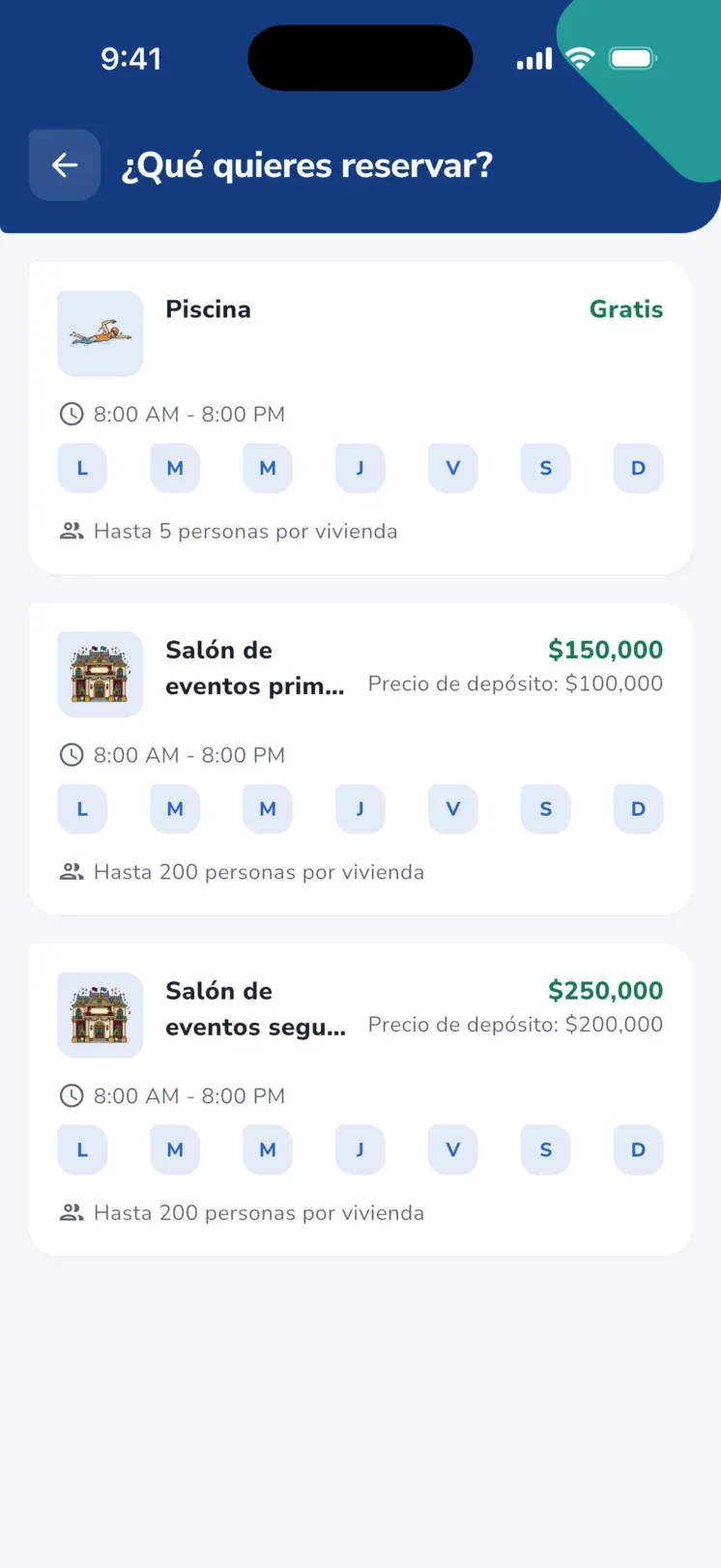 App iHabitar: pantalla ¿Qué quieres reservar? con la piscina gratis y dos salones de eventos con su precio, depósito, horario y cupo por vivienda
