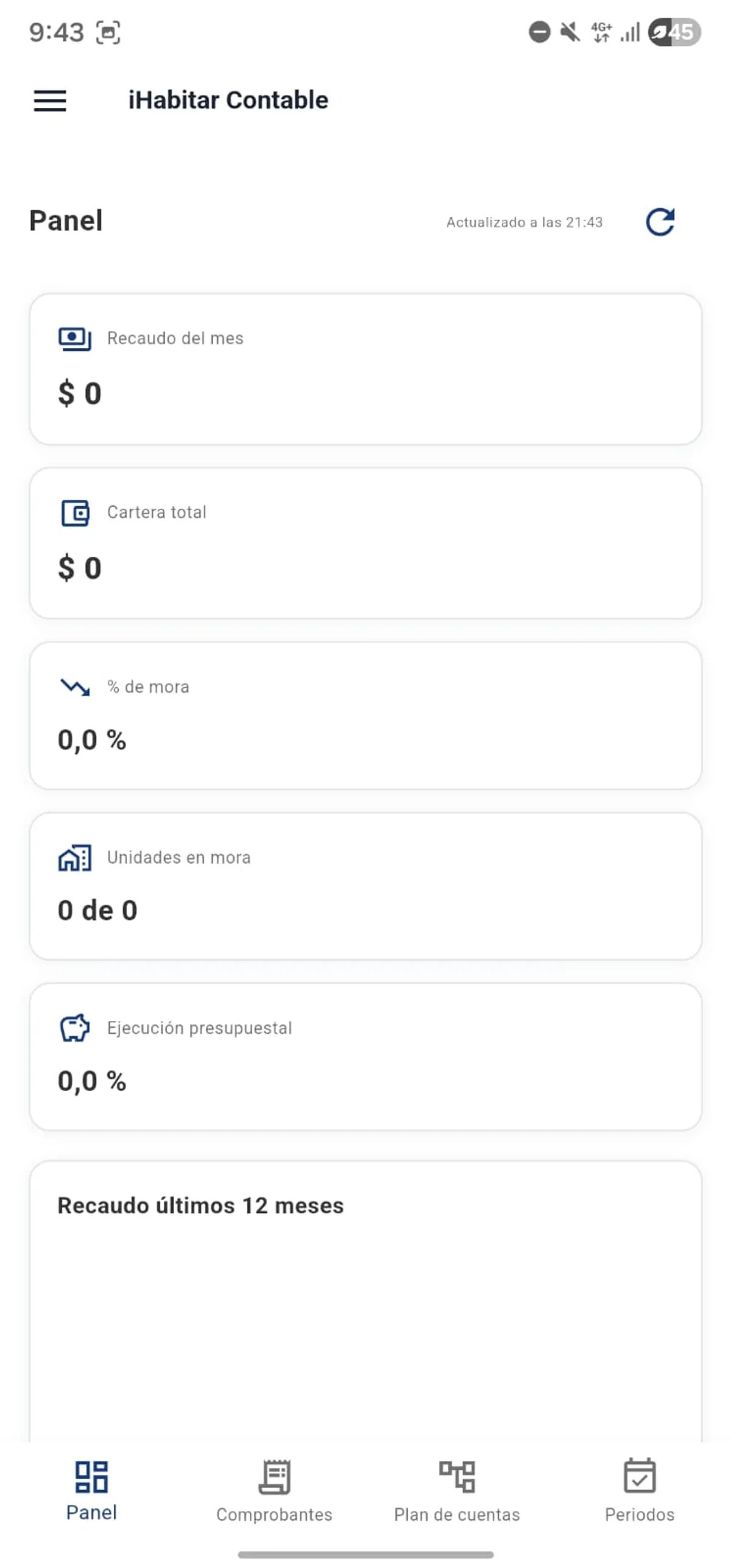 iHabitar Contable: panel con recaudo del mes, cartera total, porcentaje de mora, unidades en mora y ejecución presupuestal