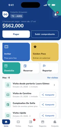 App iHabitar: inicio del residente con las facturas por pagar, los botones para invitar, Golden Pass, domicilio, reservar y reportar, y las visitas del día