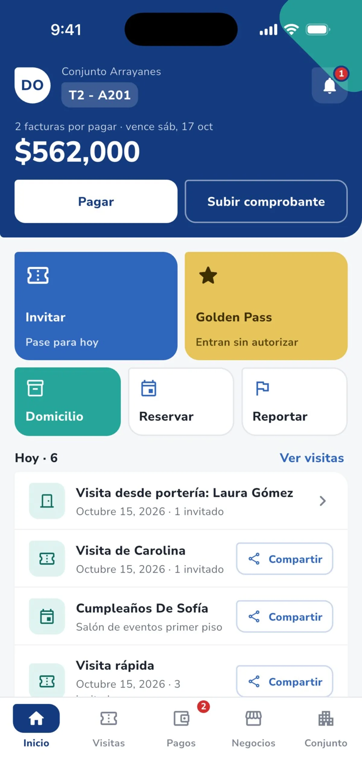 App iHabitar: inicio del residente con las facturas por pagar, los botones para invitar, Golden Pass, domicilio, reservar y reportar, y las visitas del día
