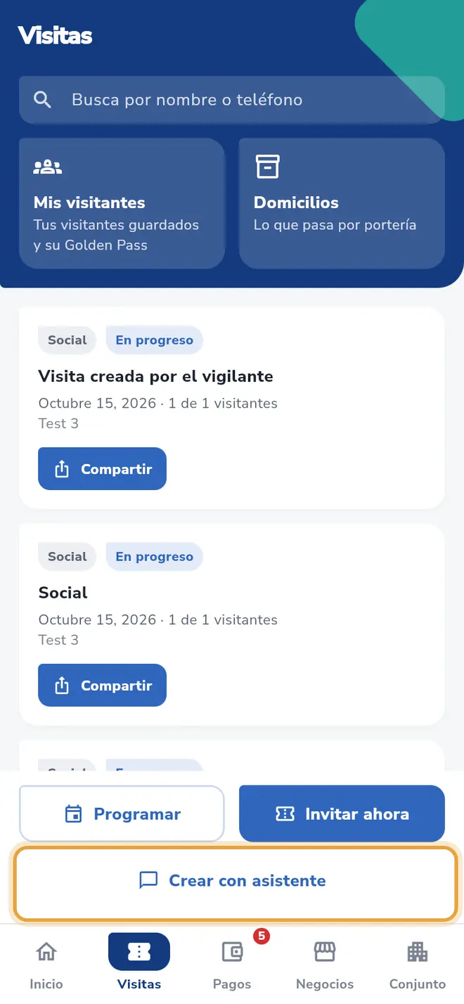 Pestaña Visitas: el botón Crear con asistente está señalado