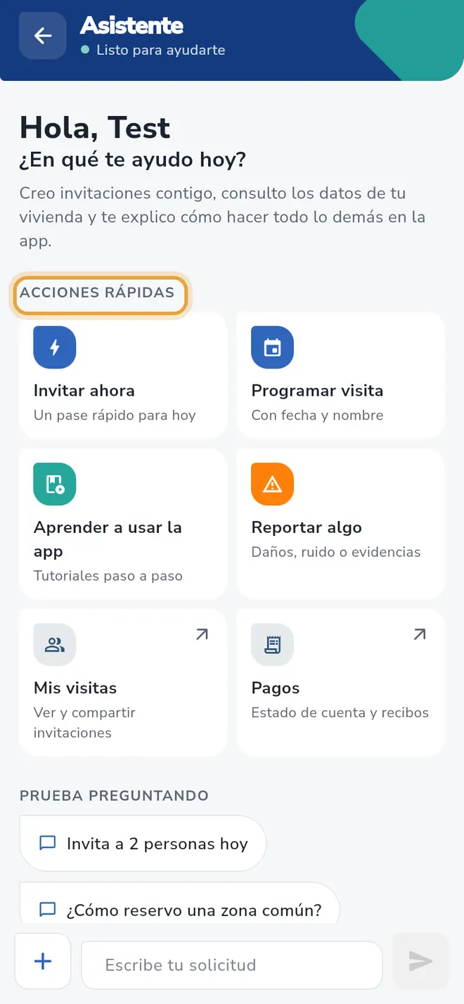 Pantalla del asistente: el título Acciones rápidas está señalado