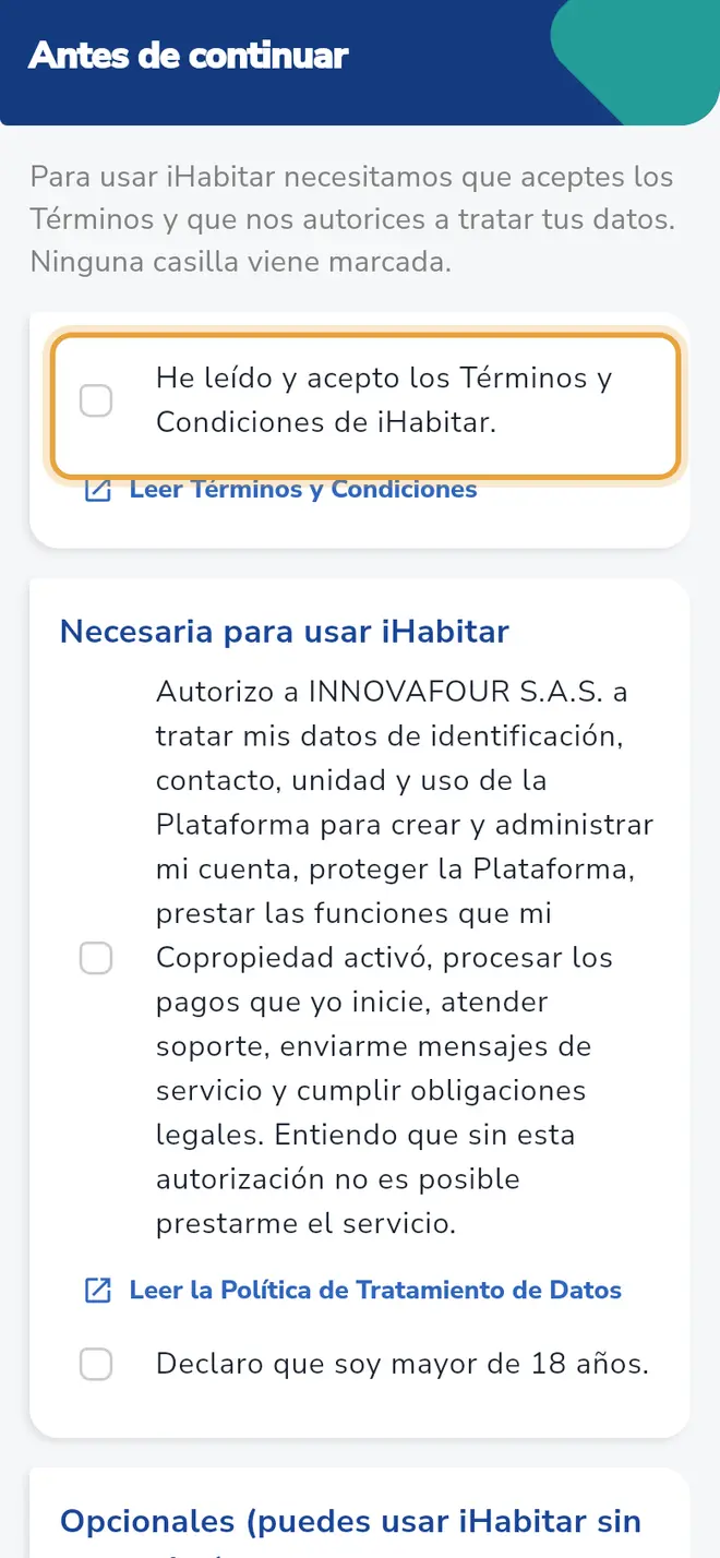 Pantalla Antes de continuar: la casilla de los Términos y Condiciones está señalada