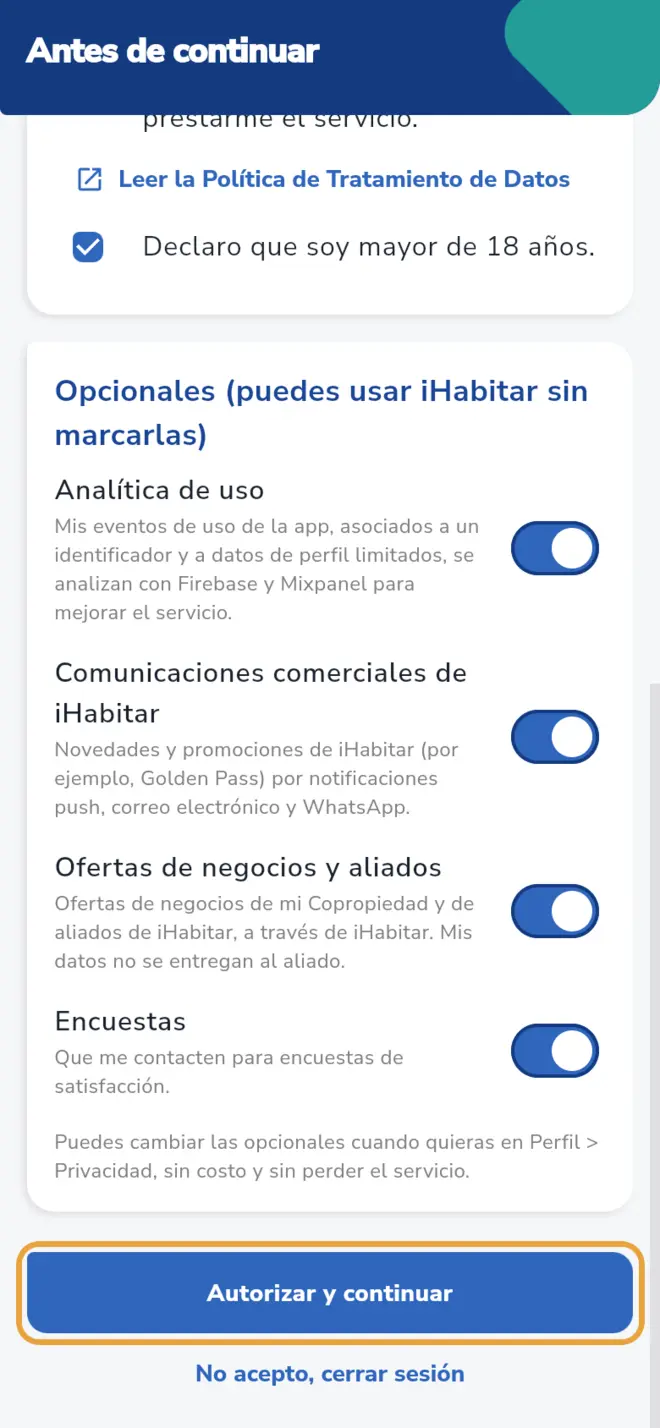 Pantalla Antes de continuar: el botón Autorizar y continuar está señalado