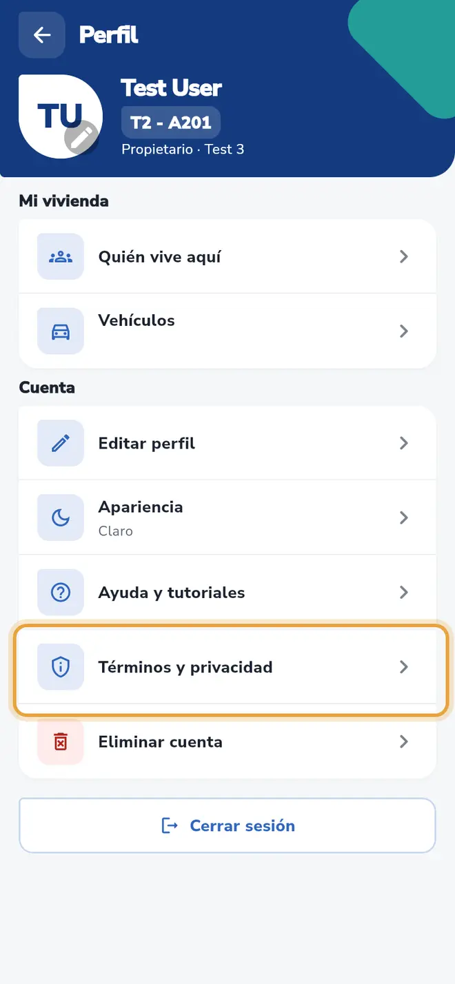 Perfil: la fila Términos y privacidad está señalada