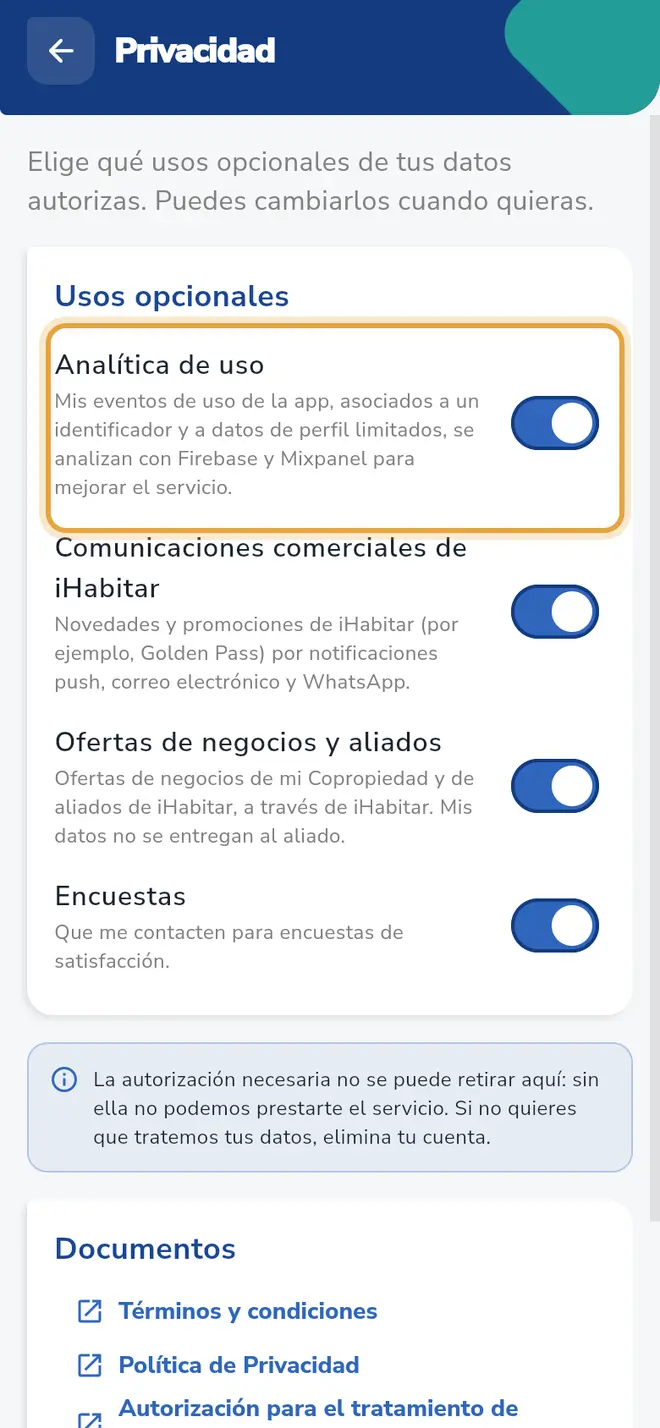 Pantalla Privacidad: el interruptor Analítica de uso está señalado