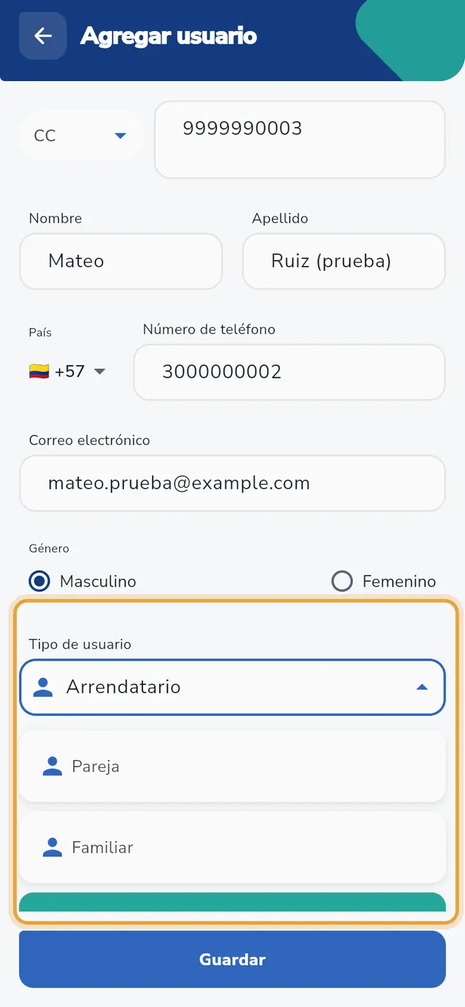 Pantalla Agregar usuario: la lista Tipo de usuario con Arrendatario elegido está señalada