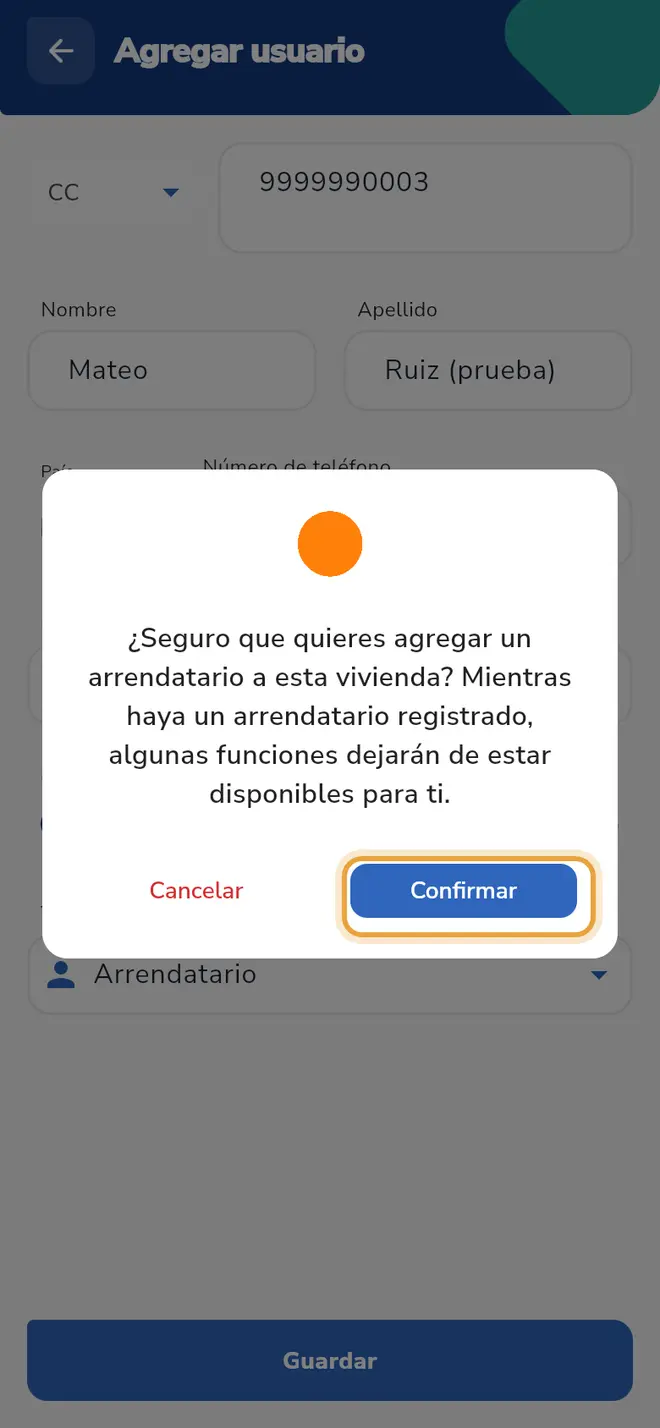 Aviso de arrendatario: el botón Confirmar está señalado