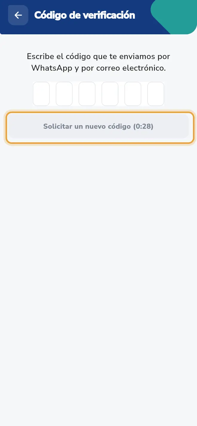 Pantalla Código de verificación: el botón Solicitar un nuevo código está señalado