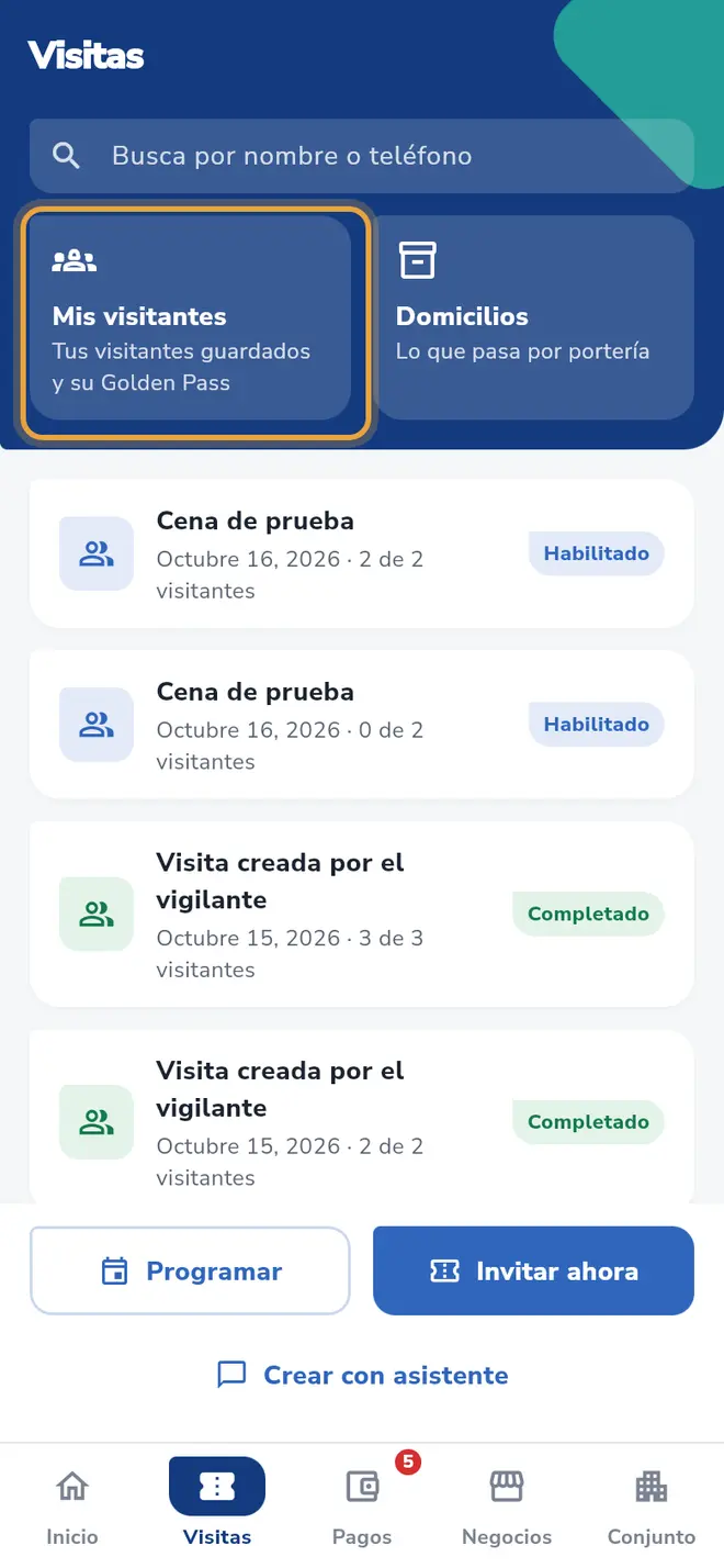 Pantalla Visitas: el recuadro Mis visitantes está señalado.