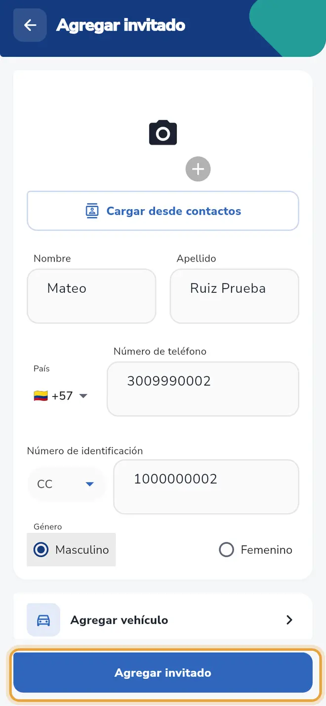 Formulario con nombre, apellido, teléfono, identificación y género llenos: el botón Agregar invitado está activo y señalado.