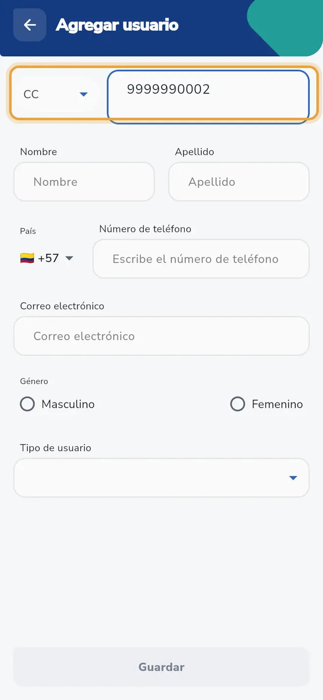 Pantalla Agregar usuario: el campo Número de identificación está señalado