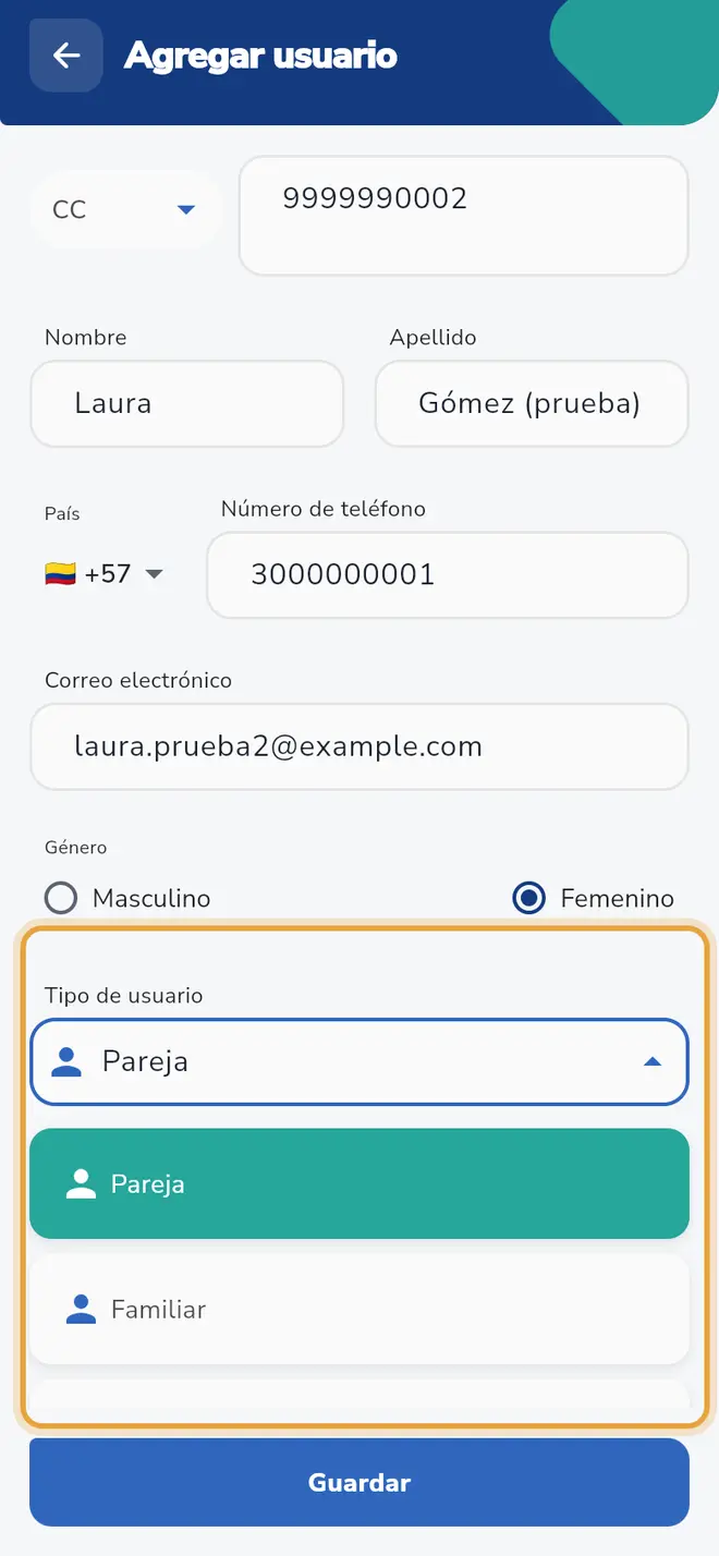 Pantalla Agregar usuario: la lista Tipo de usuario está señalada