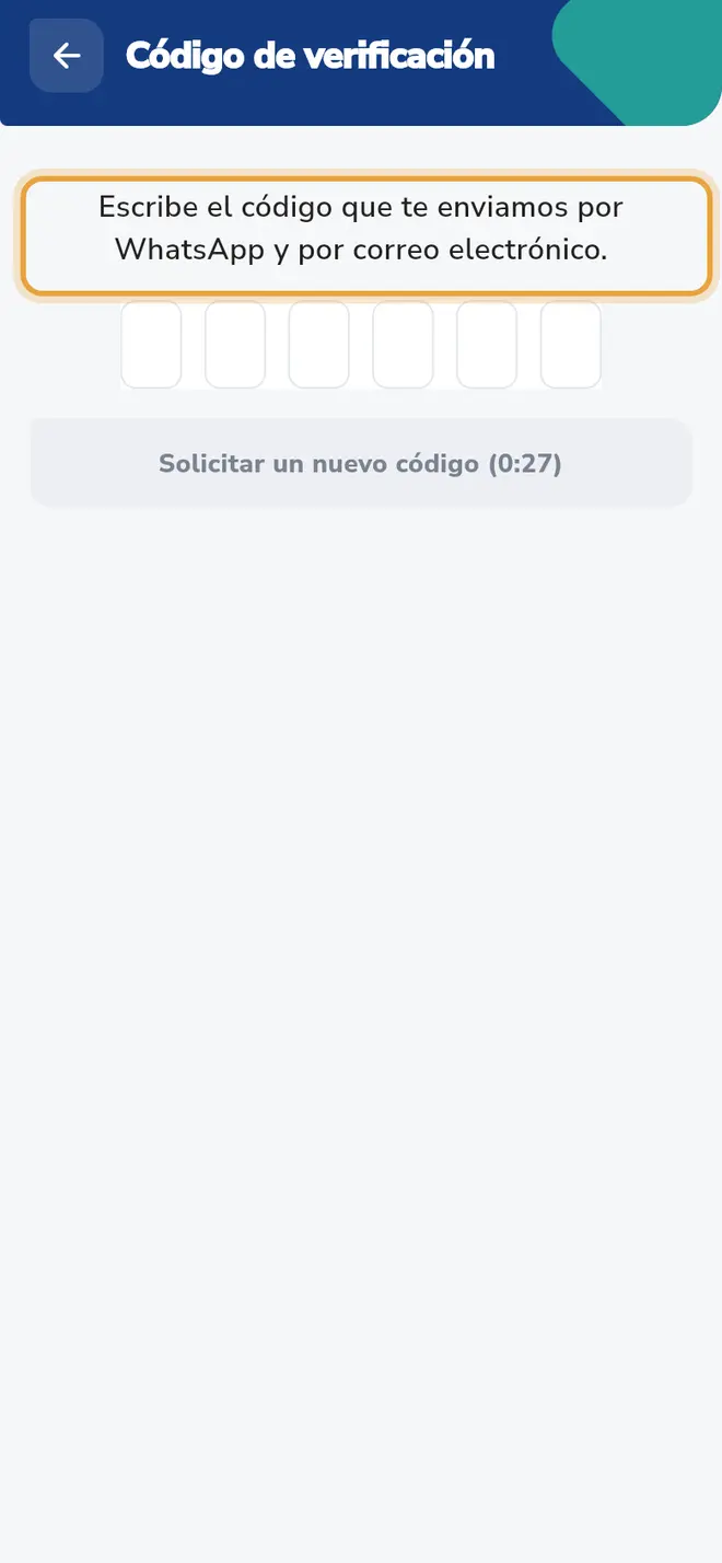 Pantalla Código de verificación: el texto que pide el código está señalado sobre las seis casillas