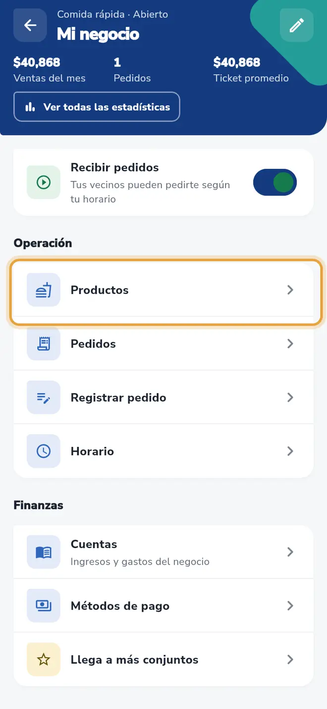 Pantalla Mi negocio: la fila Productos está señalada
