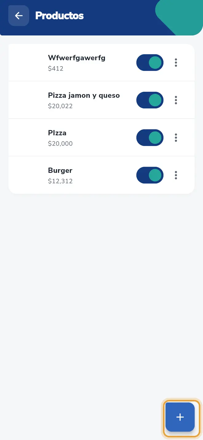 Pantalla Productos: el botón azul Agregar producto, con el signo +, está señalado