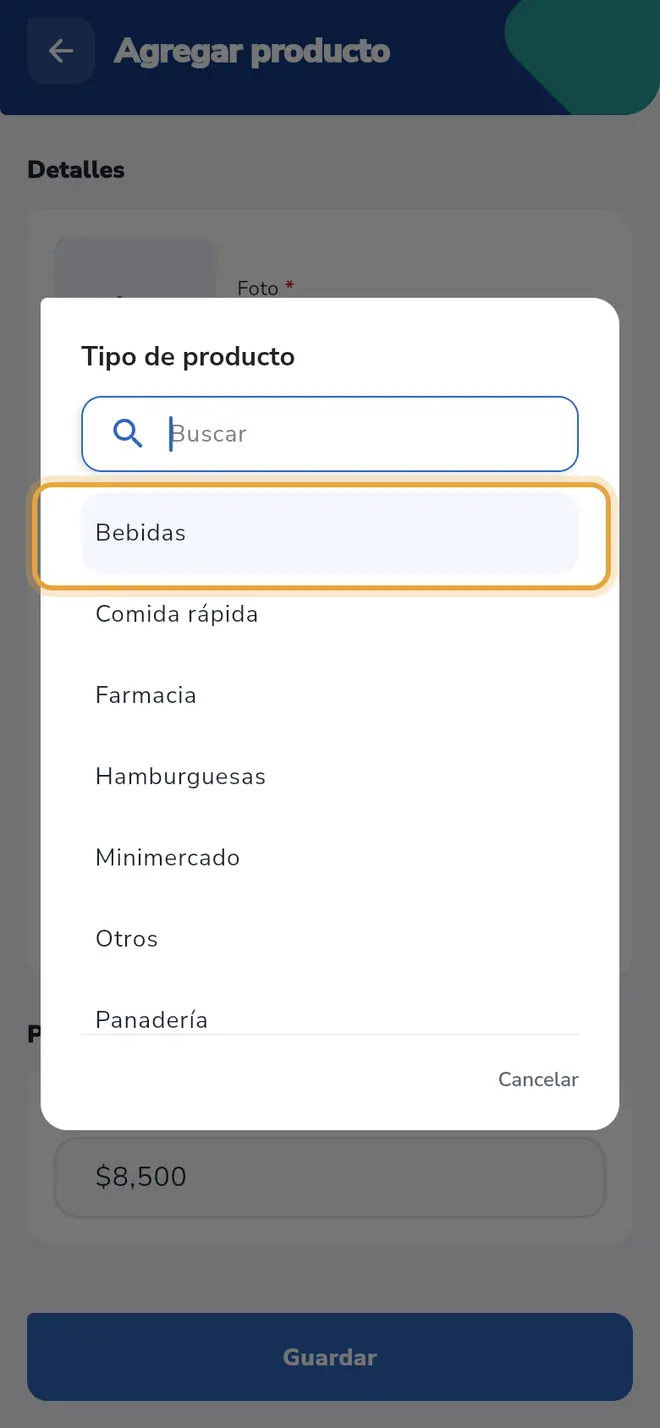 Formulario Agregar producto: la lista de Tipo de producto está abierta