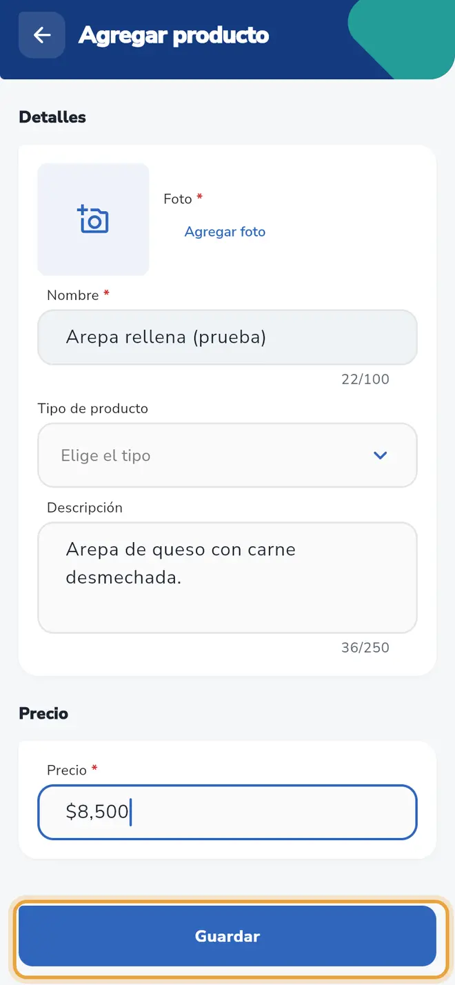Formulario Agregar producto con nombre, descripción y precio escritos: el botón Guardar está señalado