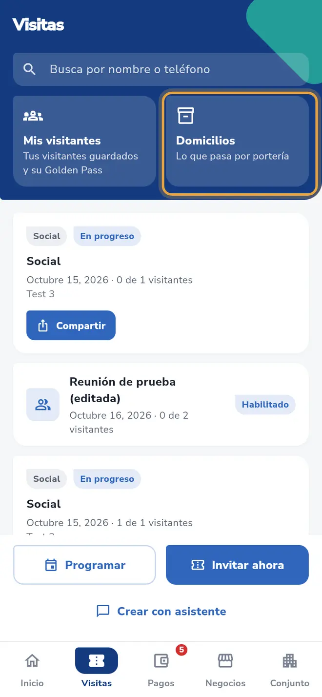 Pantalla Visitas: el recuadro Domicilios está señalado.
