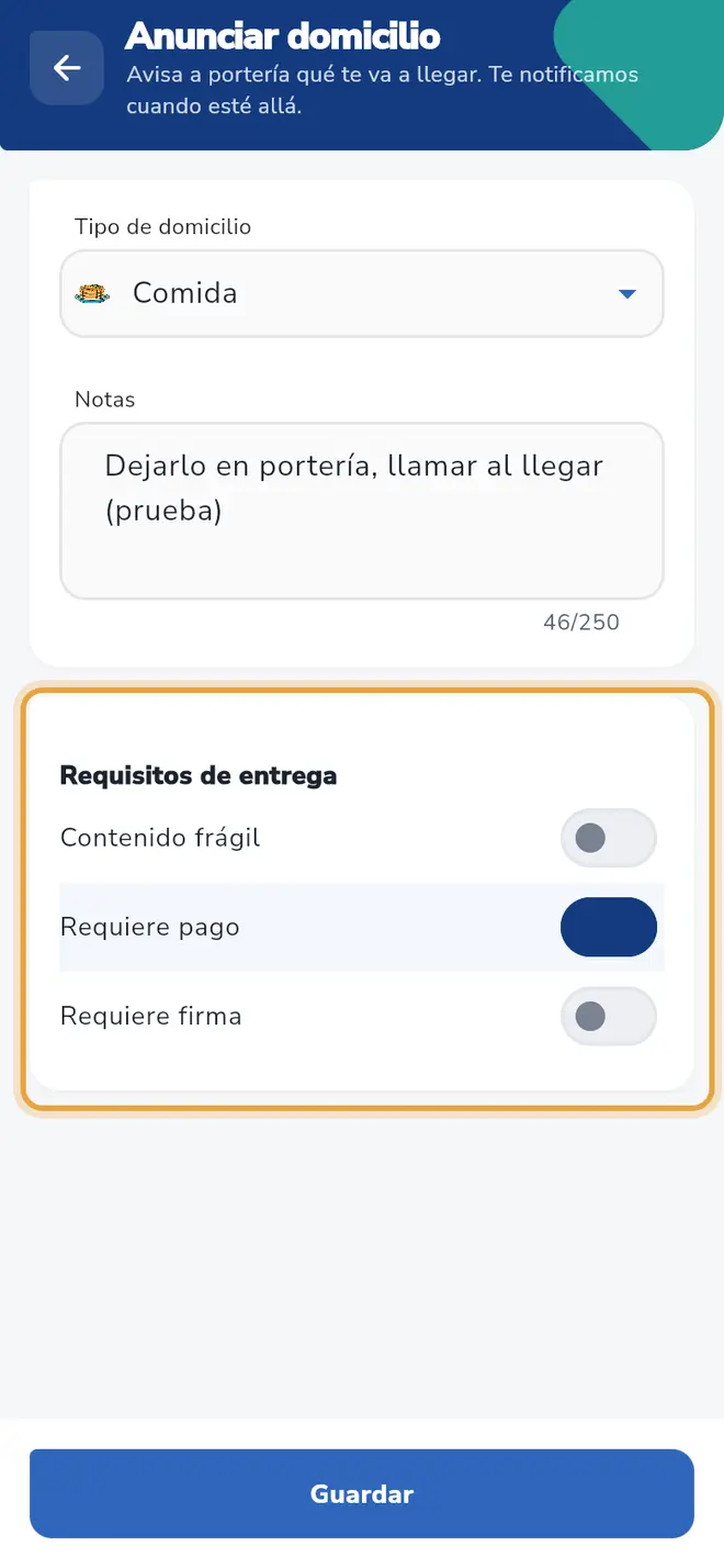 Formulario con tipo Comida, una nota escrita y el interruptor Requiere pago activado: la sección Requisitos de entrega está señalada.
