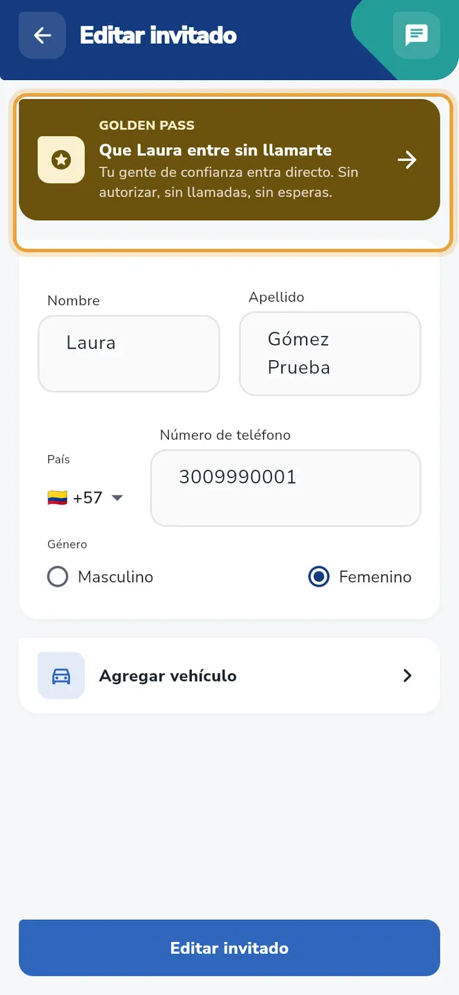 Pantalla Editar invitado: la tarjeta dorada "Que Laura entre sin llamarte" está señalada.