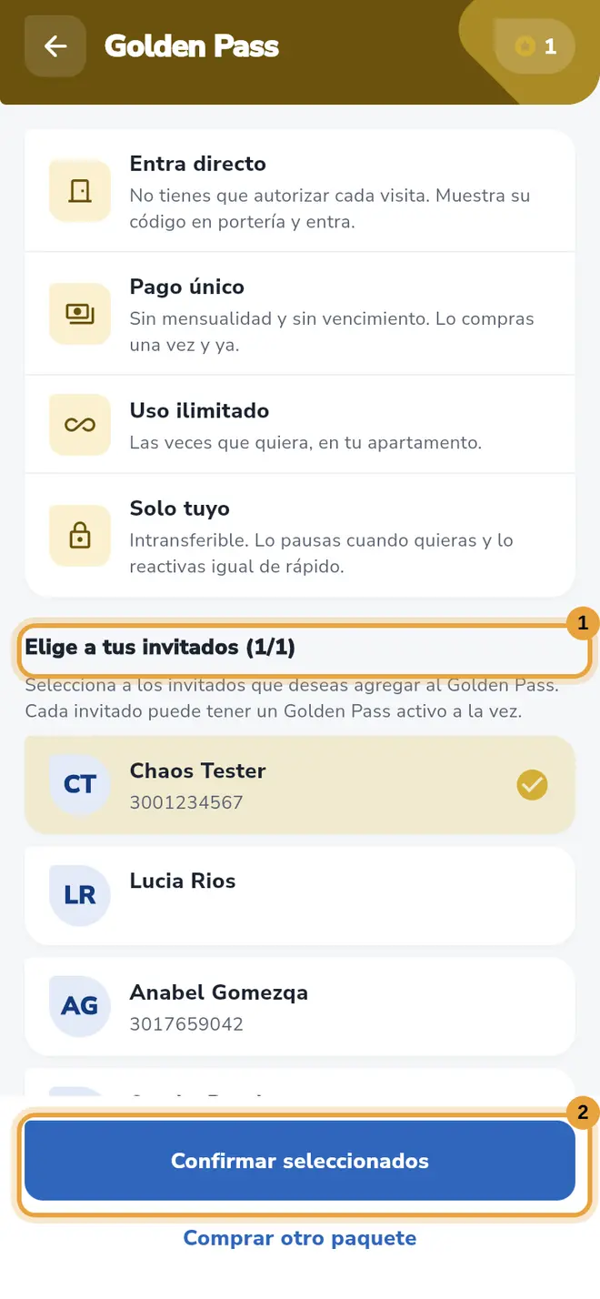Pantalla Golden Pass con un invitado marcado (1/1): el título Elige a tus invitados y el botón Confirmar seleccionados están señalados.
