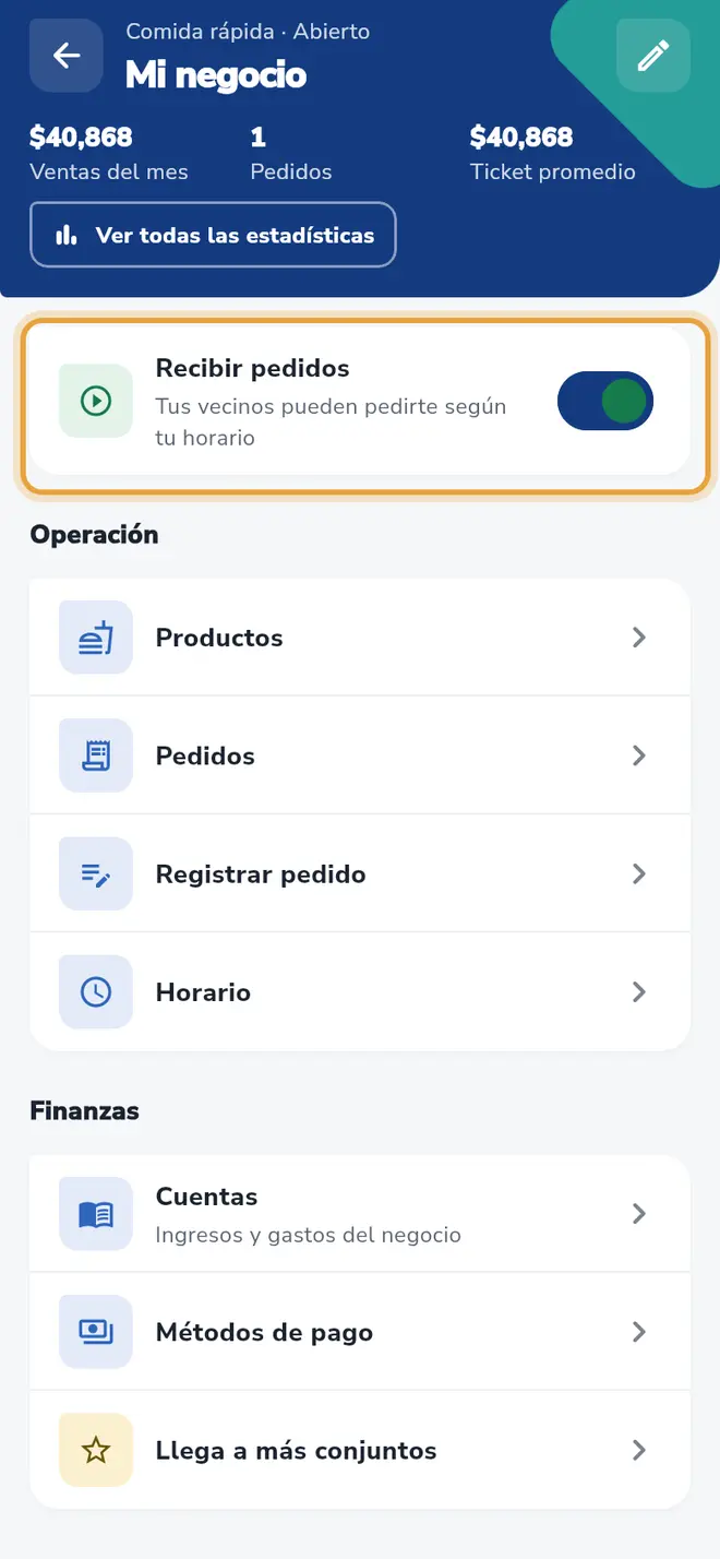 Pantalla Mi negocio: la tarjeta Recibir pedidos y su interruptor están señalados