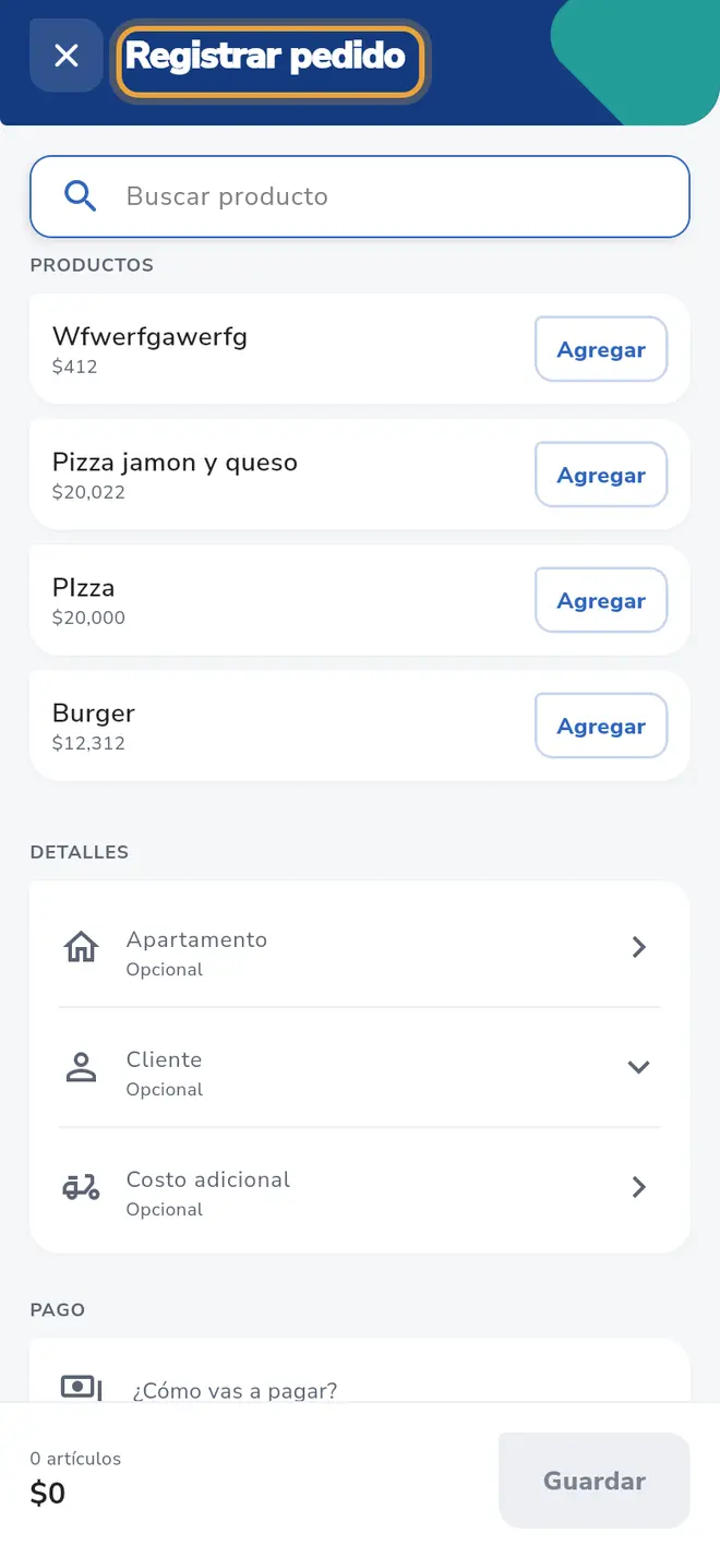 Pantalla Registrar pedido: el título de la pantalla está señalado y debajo se ven Productos, Detalles y Pago