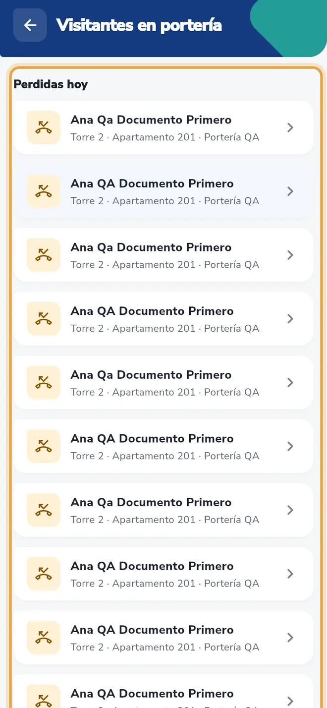 Pantalla Visitantes en portería: la sección Perdidas hoy está señalada.