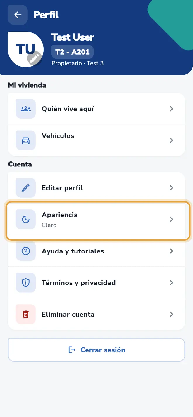 Perfil: la fila Apariencia está señalada