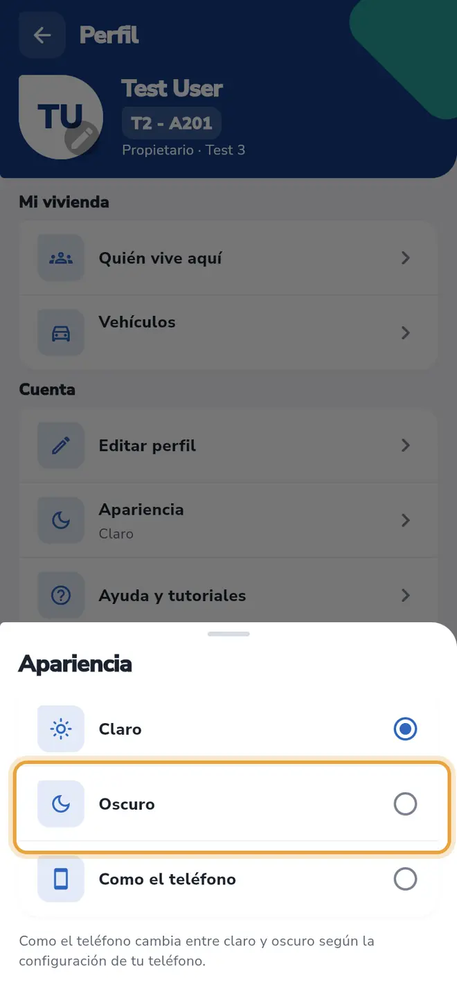 Hoja Apariencia: la opción Oscuro está señalada