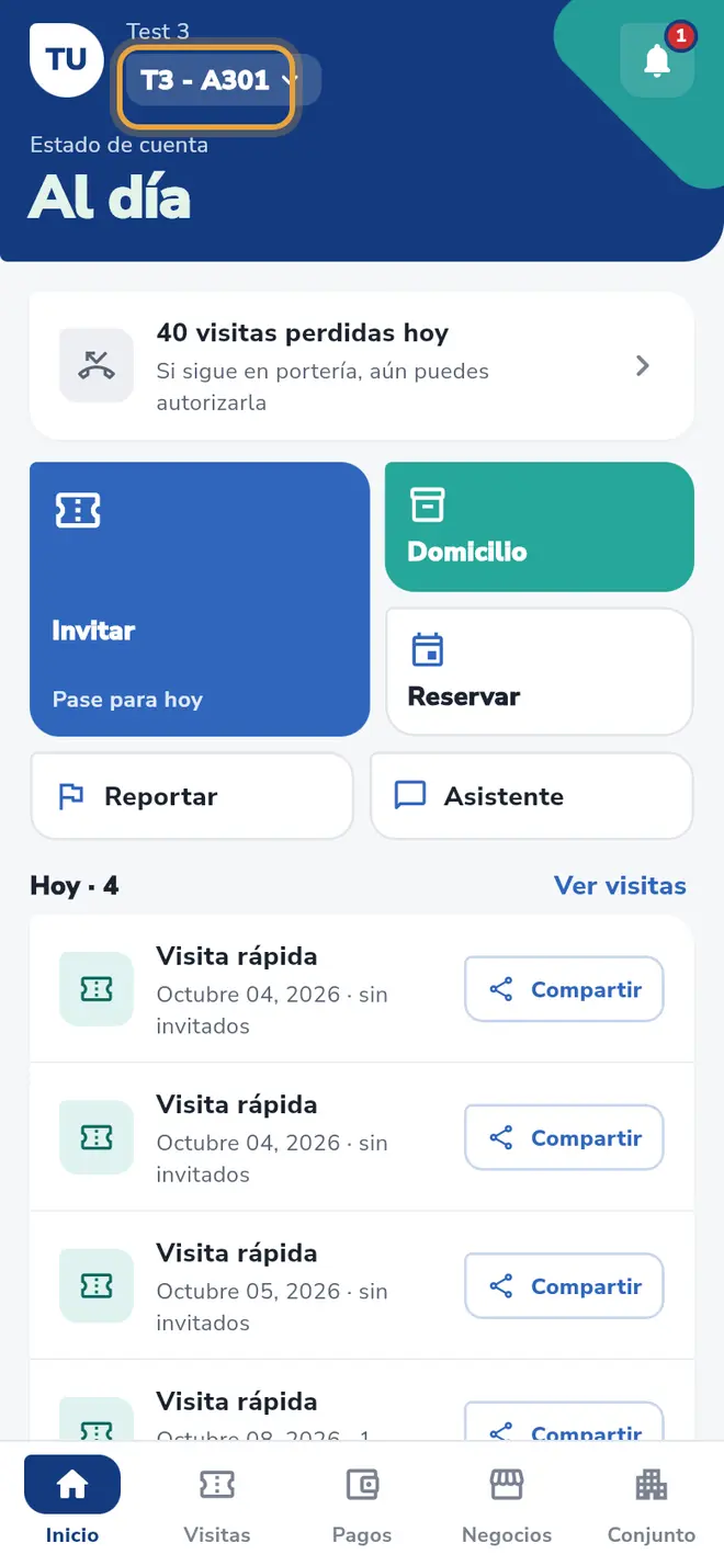 Pantalla Inicio: el chip muestra la vivienda recién elegida