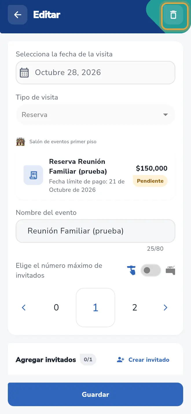 Pantalla Editar: el ícono de la papelera Eliminar está señalado arriba a la derecha