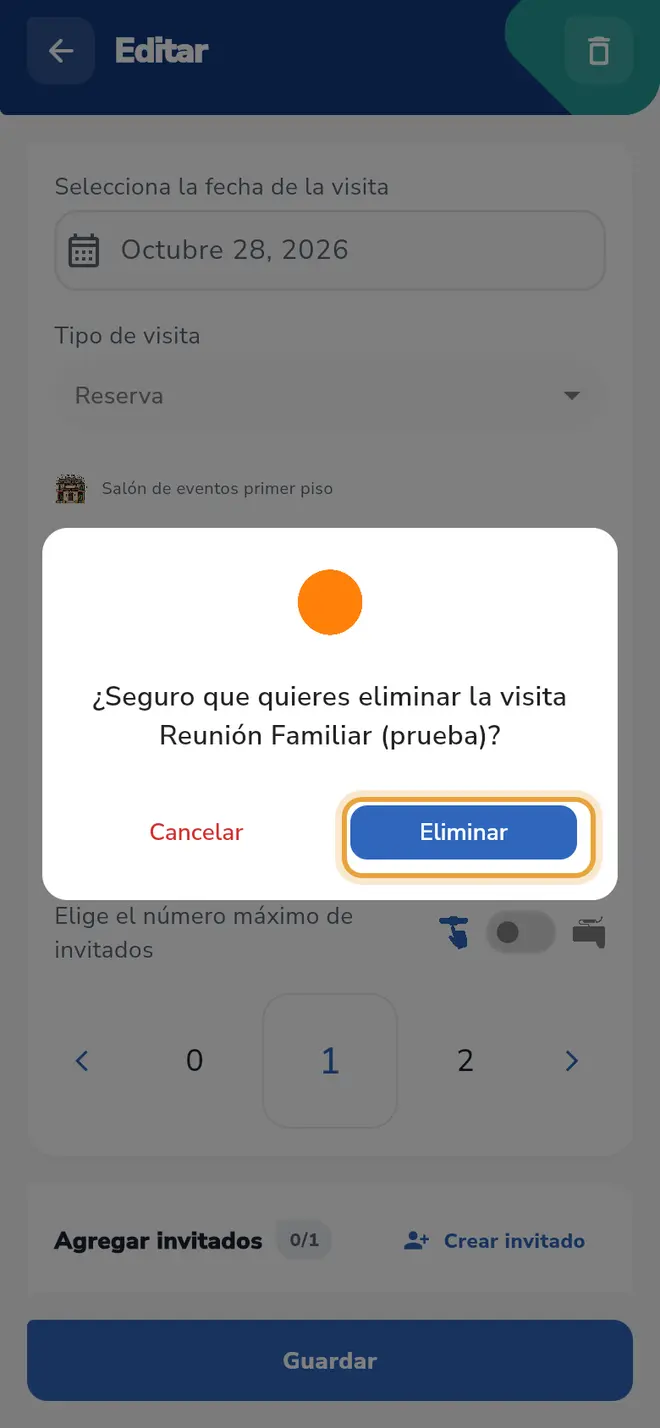Ventana de confirmación: el botón Eliminar está señalado