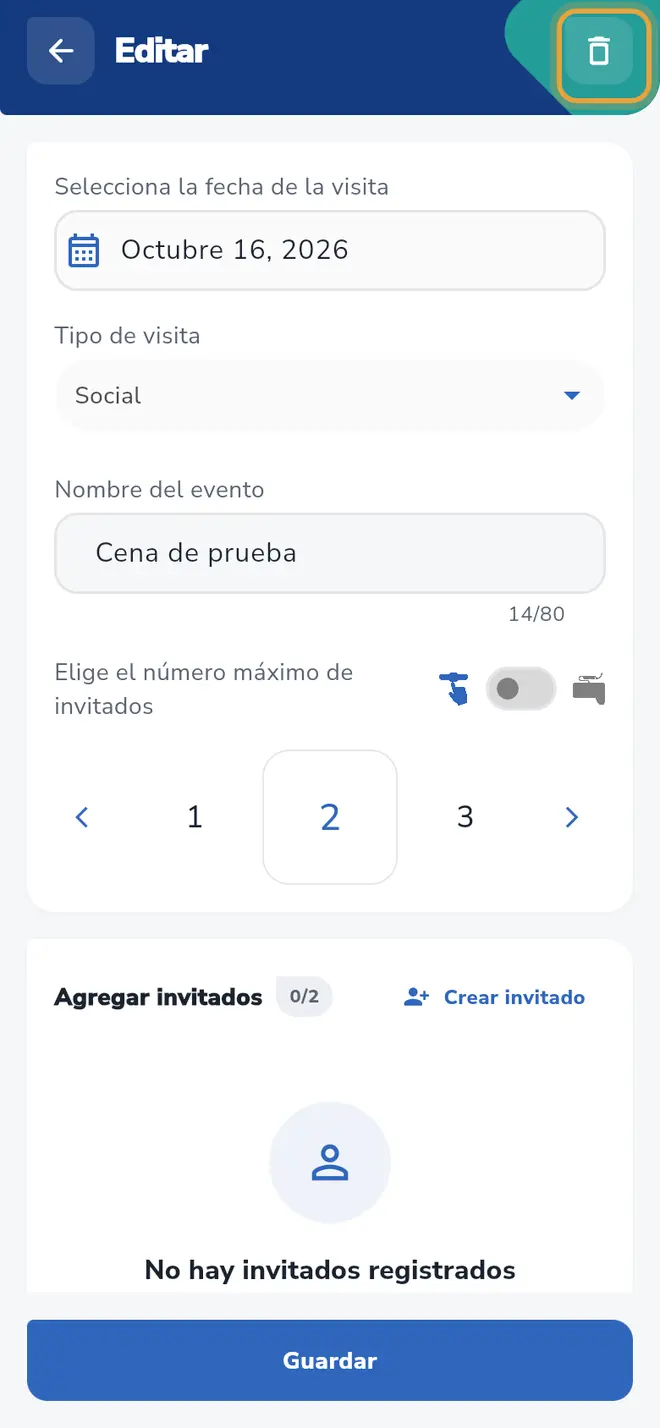 Pantalla Editar de la visita: el ícono de papelera (Eliminar) arriba a la derecha está señalado.