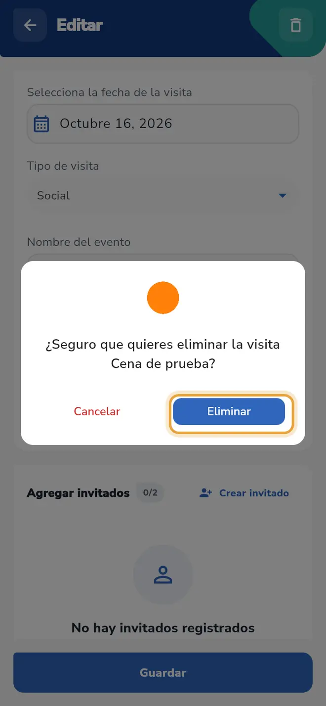 Diálogo "¿Seguro que quieres eliminar la visita Cena de prueba?": el botón Eliminar está señalado.